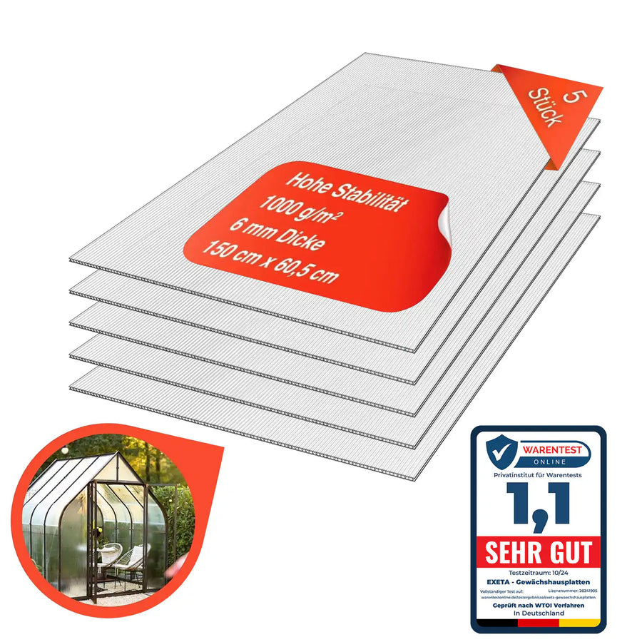 5X Gewächshaus Platten Doppelstegplatten 60,5X150 CM 6mmHohlkammerplatten 4,55m² Polycarbonatplatte
