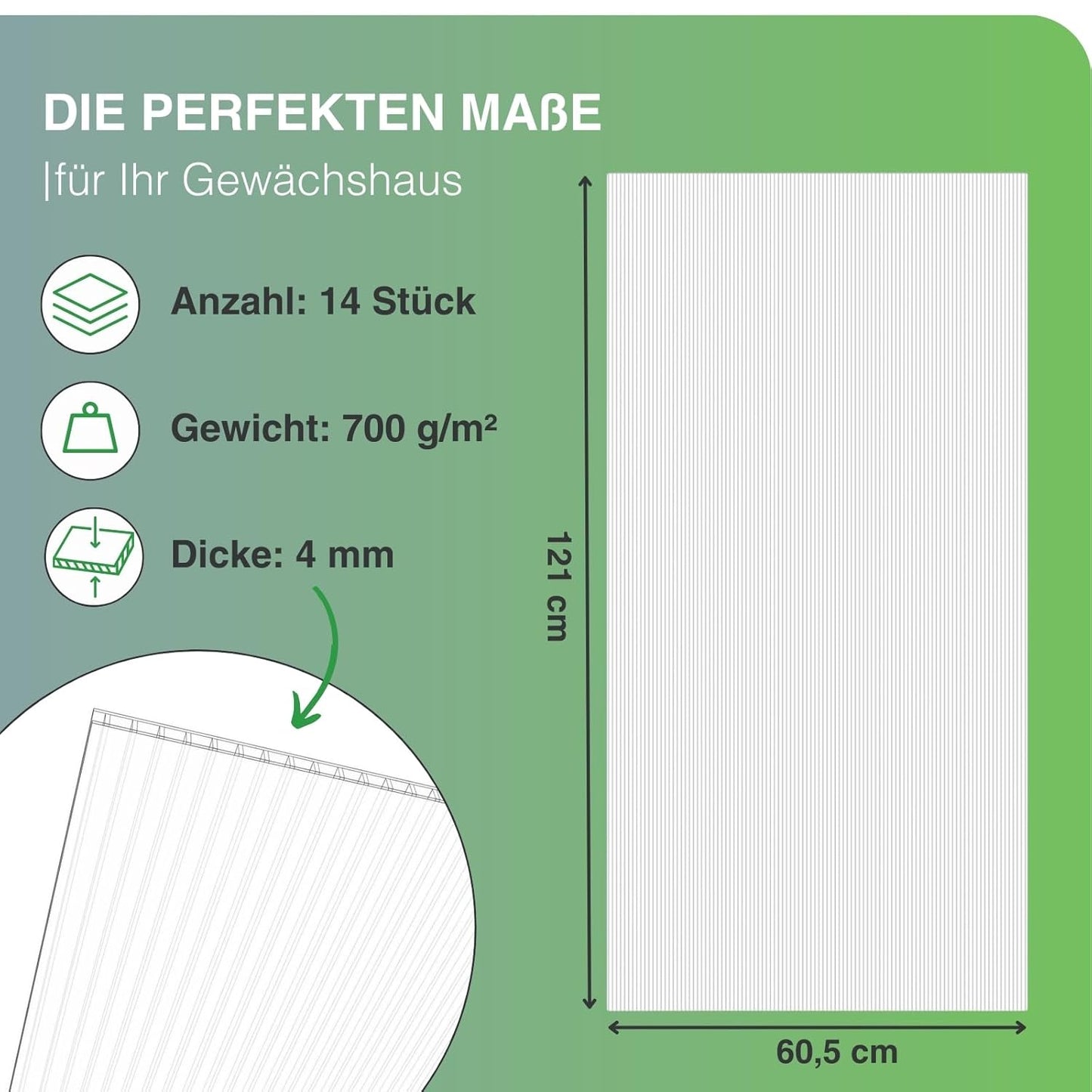 Stegplatten aus Polycarbonat Doppelstegplatten Gewächshausplatten 4mm 14 Stück 605X1210 mm Produktinfos Abmessungen und Anzahl