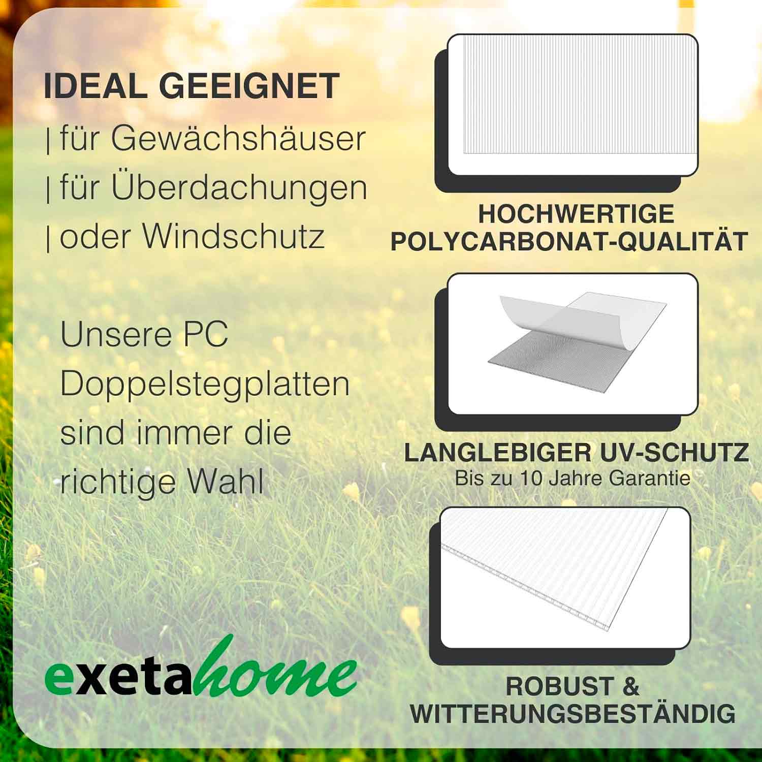 Stegplatten aus Polycarbonat Doppelstegplatten Gewächshausplatten 6mm 1000g/m² 10 Stück 700X1500 mm Produkthinweise