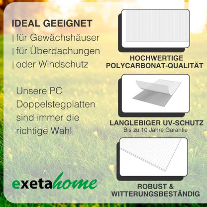 Stegplatten aus Polycarbonat Doppelstegplatten Gewächshausplatten 6mm 1000g/m² 10 Stück 700X1500 mm Produkthinweise