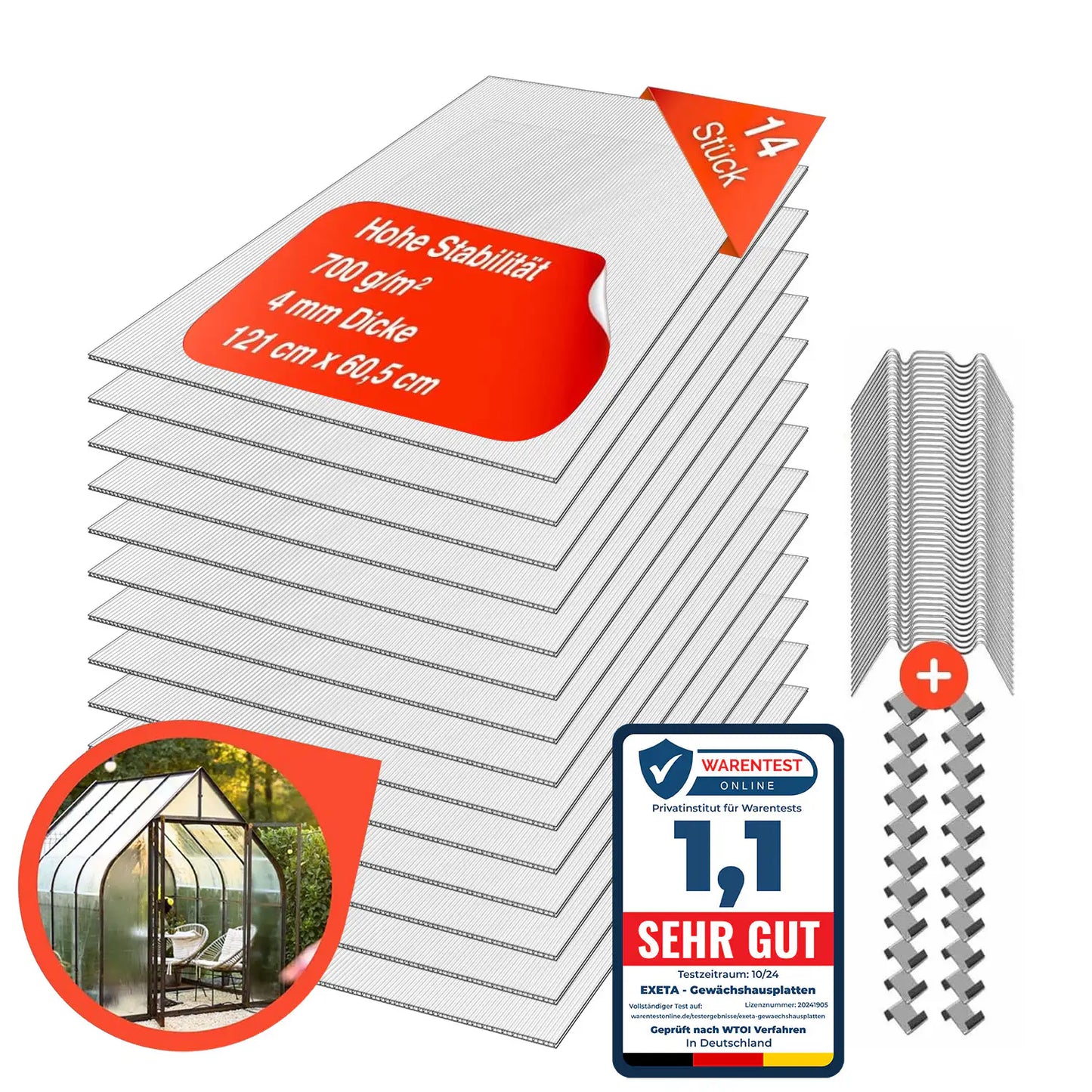 Doppelstegplatten aus Polycarbonat Gewächshausplatten 4mm 14 Stück 605X1210 mm Produktbild inkl. 50 W- & 50 Z-Klammern
