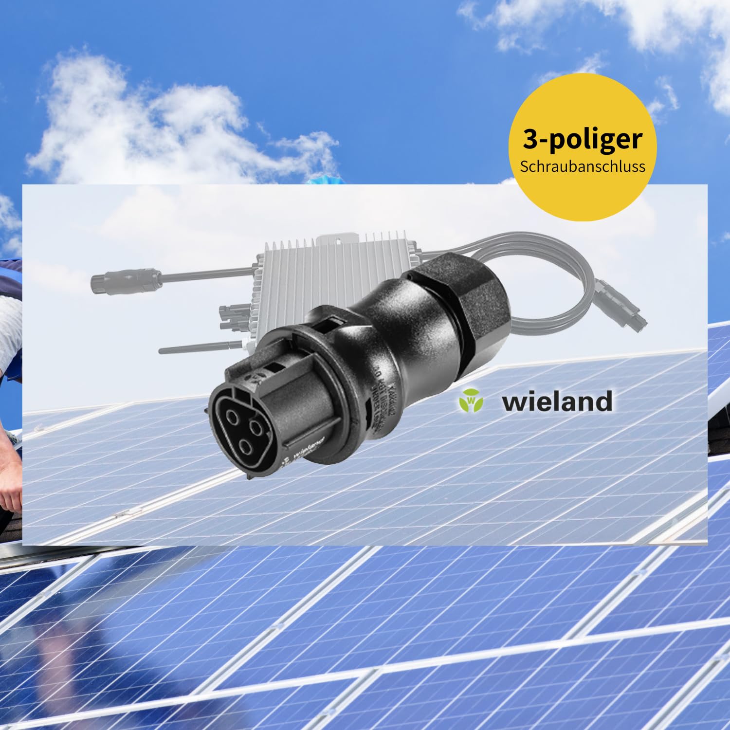 Wieland Steckverbinder Buchse 3-polig // 96.031.4053.1 // RST20I3S B1 ZR1 SW im Hintergrund Solarpanele