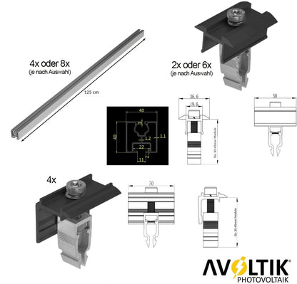 Avoltik Montageset Bitumendach für 2 oder 4 Paneele in Silber oder Schwarz Lieferumfang, Bemaßungen