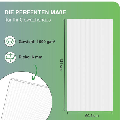 Stegplatten aus Polycarbonat Doppelstegplatten Gewächshausplatten 6mm 10 Stück 605X1210 mm Abmessungen und Dicke